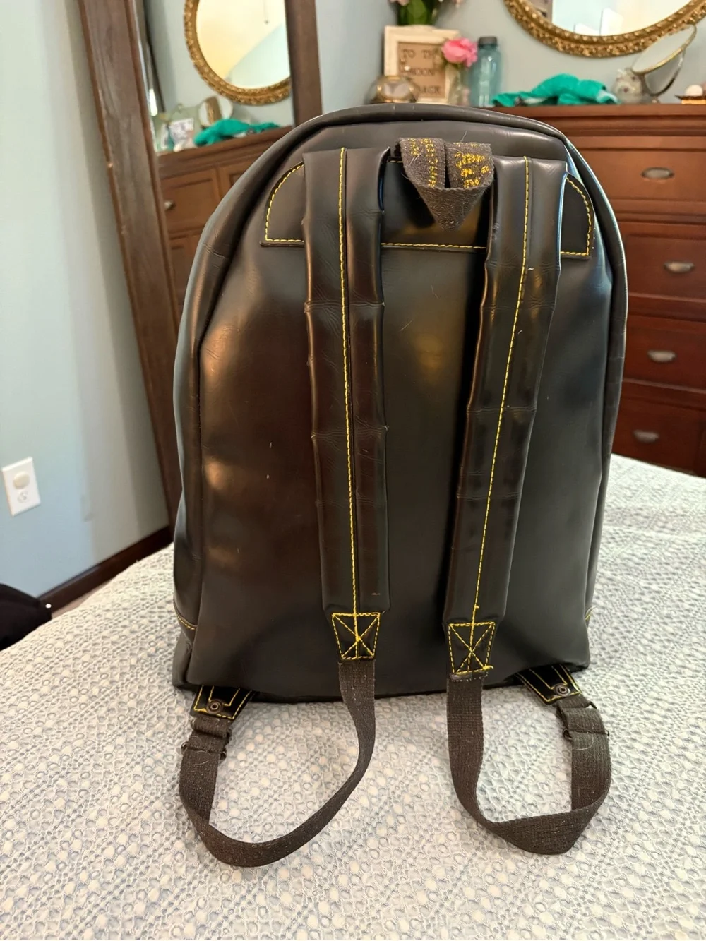 Rare Vintage Dr. Martens Black PVC Box Backpack Yellow Stitch Sole-Print Zipper